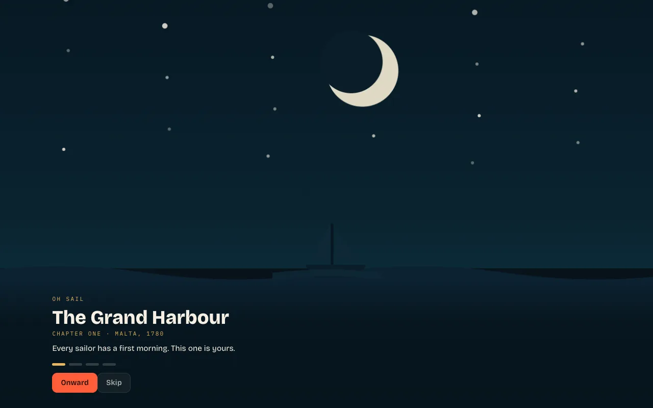 Chapter One opens: a boat at anchor under a crescent moon in the Grand Harbour
