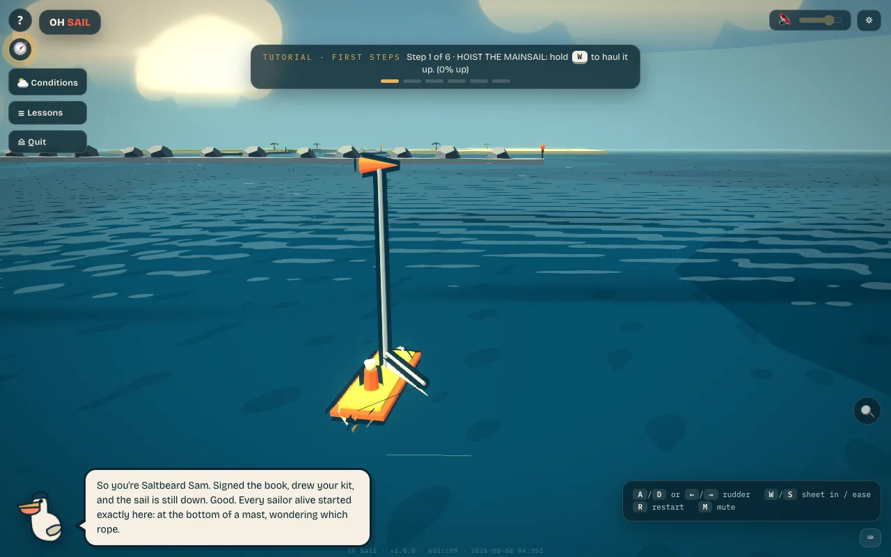 The tutorial: step 1 of 6, the sail still down, Cap’n Pell talking you through it